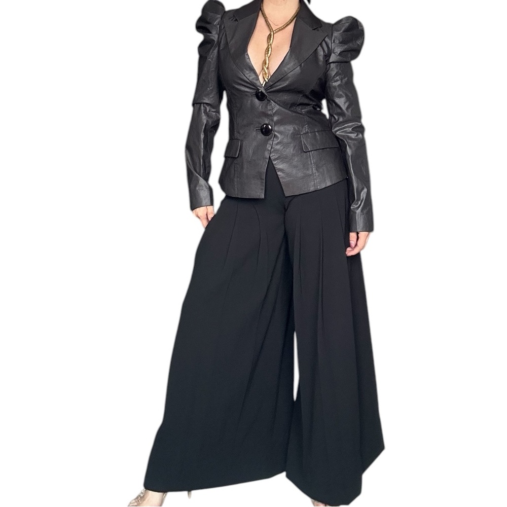 Only - Black Faux Leather Blazer Puff Shoulder Structured Small - Picture 3 of 10